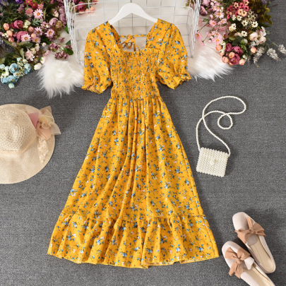Square Collar Backless Lace-up Big Swing Short-sleeved Floral Chiffon Dress NSYXG124350