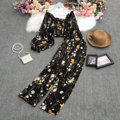 Square Neck Floral Crop Chiffon Top High Waist Wide Leg Trousers Two-piece Suit NSYXG124367