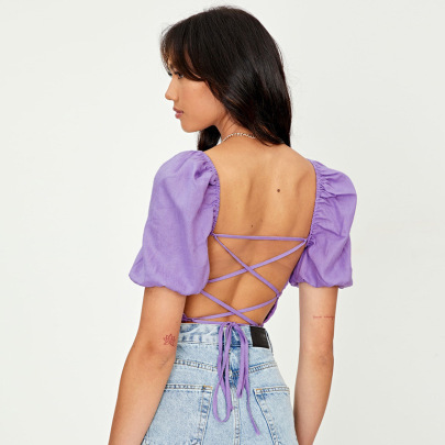 Square Neck Short-puff Sleeve Backless Lace-up Solid Color Top NSSQS124370