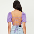 square neck short-puff sleeve backless lace-up solid color top NSSQS124370