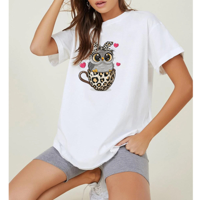 Owl Print Loose Short Sleeve T-Shirt NSYAY125666