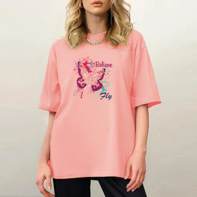 Alphabet Butterfly Print Loose Short Sleeve T-Shirt NSYAY125665