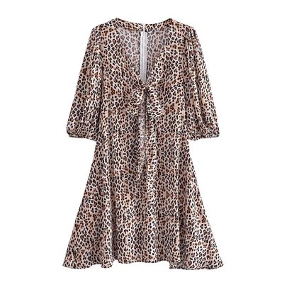 Lace-up Mid-sleeve V Neck Slim Leopard Print Dress NSAM127549