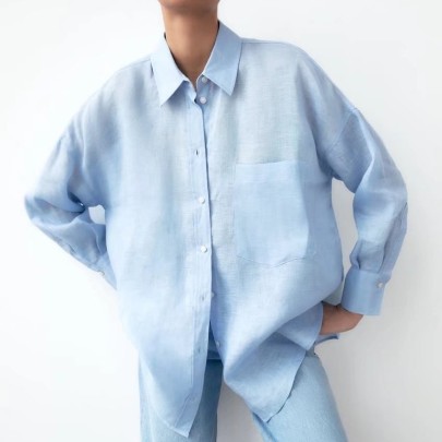 Lapel Long-sleeved Loose Solid Color Linen Shirt NSAM127544