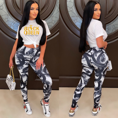 Letters Print T-shirt And High Waist Pants Two-piece Suit NSSD127746