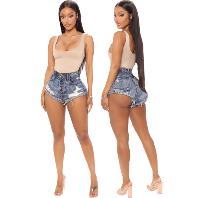 High Waist Washed Ripped Denim Non-stretch Shorts NSSF127757