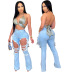 personality ripped hole washed high waist elastic flared jeans NSSF127773