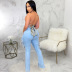 personality ripped hole washed high waist elastic flared jeans NSSF127773