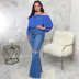 plus size solid color wide leg knee hole flared jeans NSSF127774