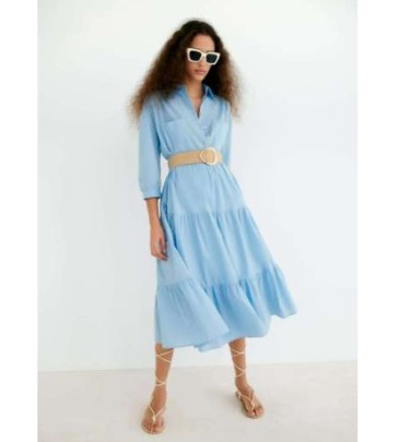 Button Solid Color Loose Lapel Stitching Shirt Dress Without Belt NSAM127565
