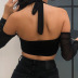 stitching halter neck slim backless long sleeve solid color mesh top NSSSN127831