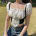 puff sleeves square neck lace-up short color matching top NSSSN127851