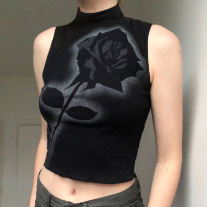 Rose Print High-neck Slim Sleeveless Vest NSSSN127858
