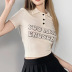 button letter printing lapel short-sleeved slim top NSSSN127866