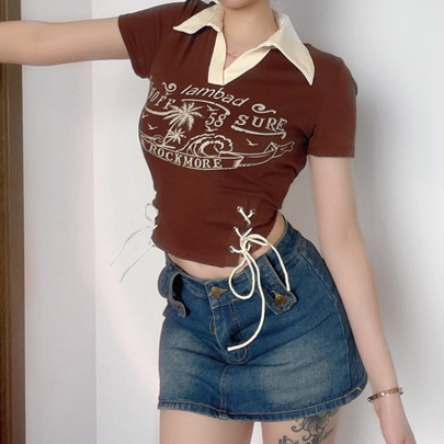 Printing Contrast Color Slim Lapel Short-sleeved Lace-up T-shirt NSSSN127868