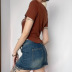 printing contrast color slim lapel short-sleeved lace-up T-shirt NSSSN127868