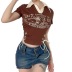 printing contrast color slim lapel short-sleeved lace-up T-shirt NSSSN127868