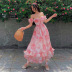 puff sleeve wrap chest large swing lace-up flower printing dress NSSSN127874