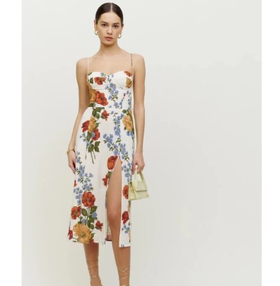 Backless High Waist Side Slit Suspender Floral Print Dress NSAM127554