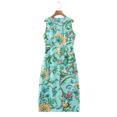 Sleeveless Round Neck Slim Flower Print Dress NSLAY127664
