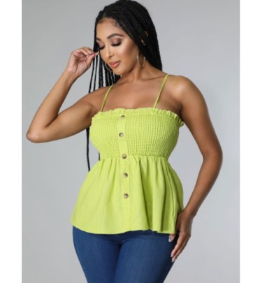 Solid Color Pleated Button Decor Camisole NSXHX127649