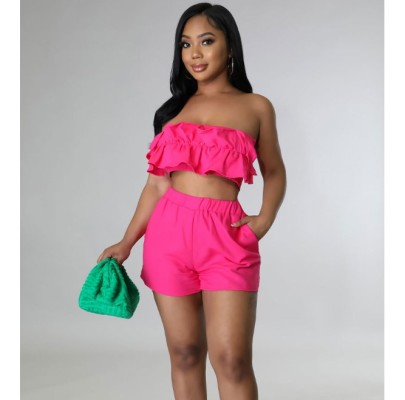 Solid Color Pleated Tube Top Shorts Set NSXHX127645