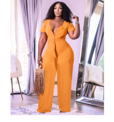 Solid Color Loose Puff Sleeves Wide-leg Jumpsuits (with Belt Pockets) NSQKT127505
