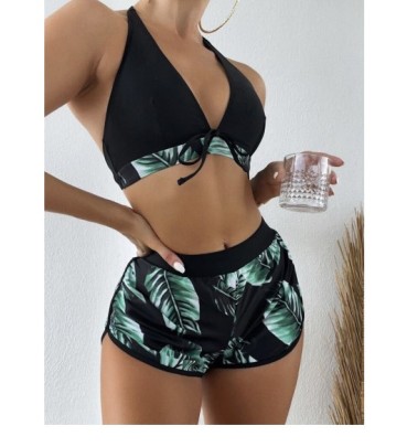 Lotus Leaf Print Shorts Split Swimwear Set NSCSY127566