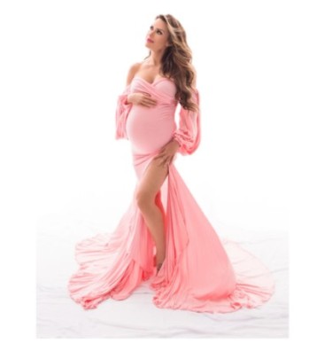 Solid Color Long Sleeve Off Shoulder Dress Maternity Clothes NSLNE127529