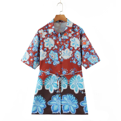 Breasted Flower Print Lapel Lace-up Shirt Dress NSLAY128172