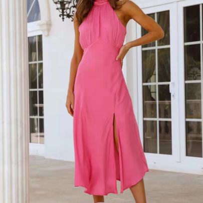 Halterneck Sleeveless Slit Lace-up Solid Color Dress NSLAY128170