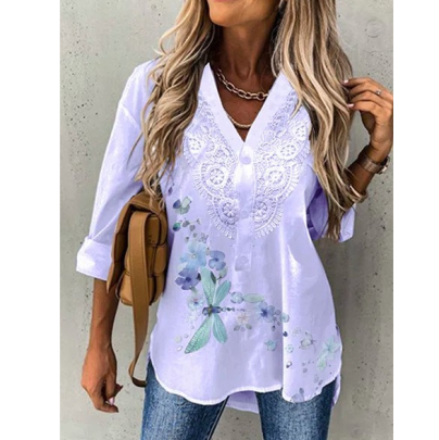 Printing V-neck Embroidery Pullover Long Sleeve Top NSNHYD127736