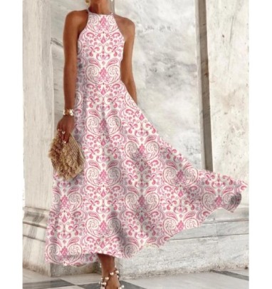 Floral Mid-waist Printed Waist Long Swing Dress NSNHYD127734