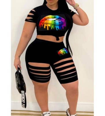 Plus Size Elastic Printing Round Neck Short-sleeved Top Tight Hole Shorts Two-piece Set NSSD127749