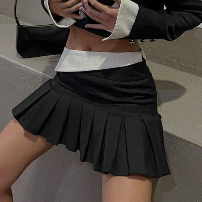 Casual High Waist Slim Contrast Color Pleated Skirt NSSSN127849