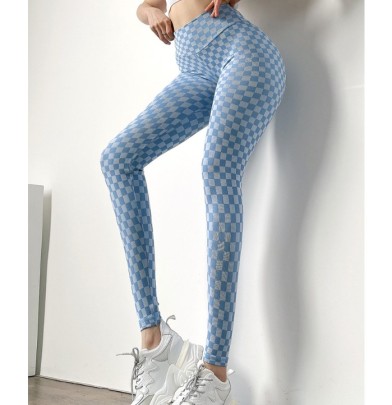 Checkerboard Printed High Waist Hip Lift Elastic Yoga Pants NSYWH127920