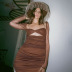 solid color mesh long-sleeved square-neck slim pleated sheath dress NSHMS127962