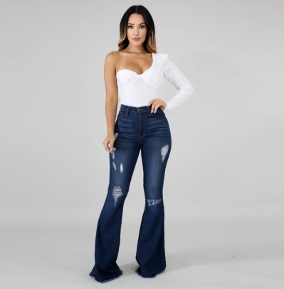 Wide-leg Washed Ripped Stretch Slim Flared Jeans NSSF127770