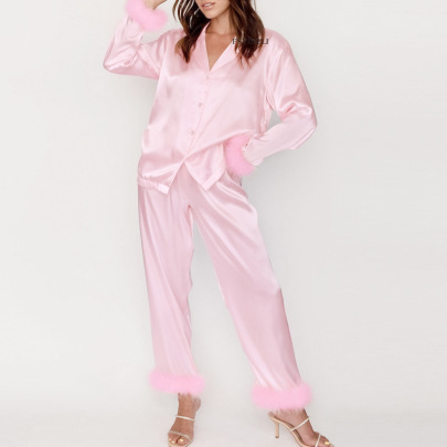 Single-breasted Solid Color Lapel Long-sleeved Stitching Furry Loungewear-Can Be Worn Outside NSYDL128034