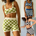checkerboard printed suspender backless wrap chest high waist vest and shorts set NSYDL128043