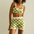 checkerboard printed suspender backless wrap chest high waist vest and shorts set NSYDL128043