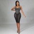 halter neck hot drill backless lace-up tight solid color see-through dress NSDLS128068