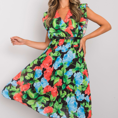Pleated Floral High Waist V Neck Sleeveless Ruffle Dress-multicolor NSPPF128183