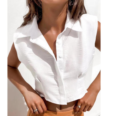 Sleeveless Shoulder Padded Lapel Slim Solid Color Shirt NSLAY128388