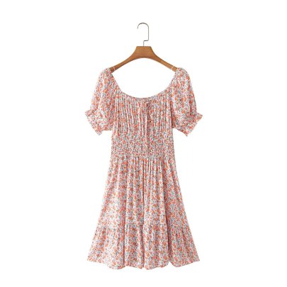 Short-sleeve Low-cut Slim Floral Dress NSLAY128412