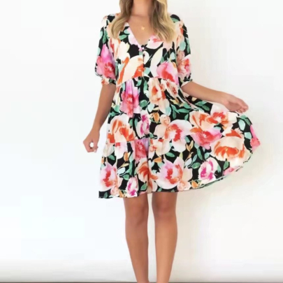 Breasted Floral V Neck Slim Short Sleeve Dress NSLAY128410