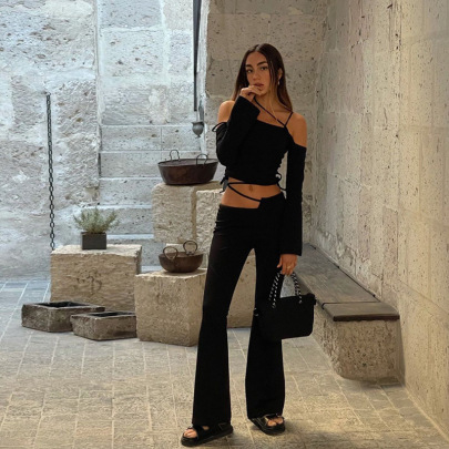 Solid Color Long-sleeved Strap Top Low-waisted Straight Bootcut Pants Suit NSHMS127990