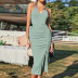 solid color backless pleated v-neck halter sheath dress NSYSQ128232