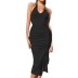 solid color backless pleated v-neck halter sheath dress NSYSQ128232