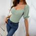 solid color v-neck waist slim puff sleeve knitted top NSYSQ128236